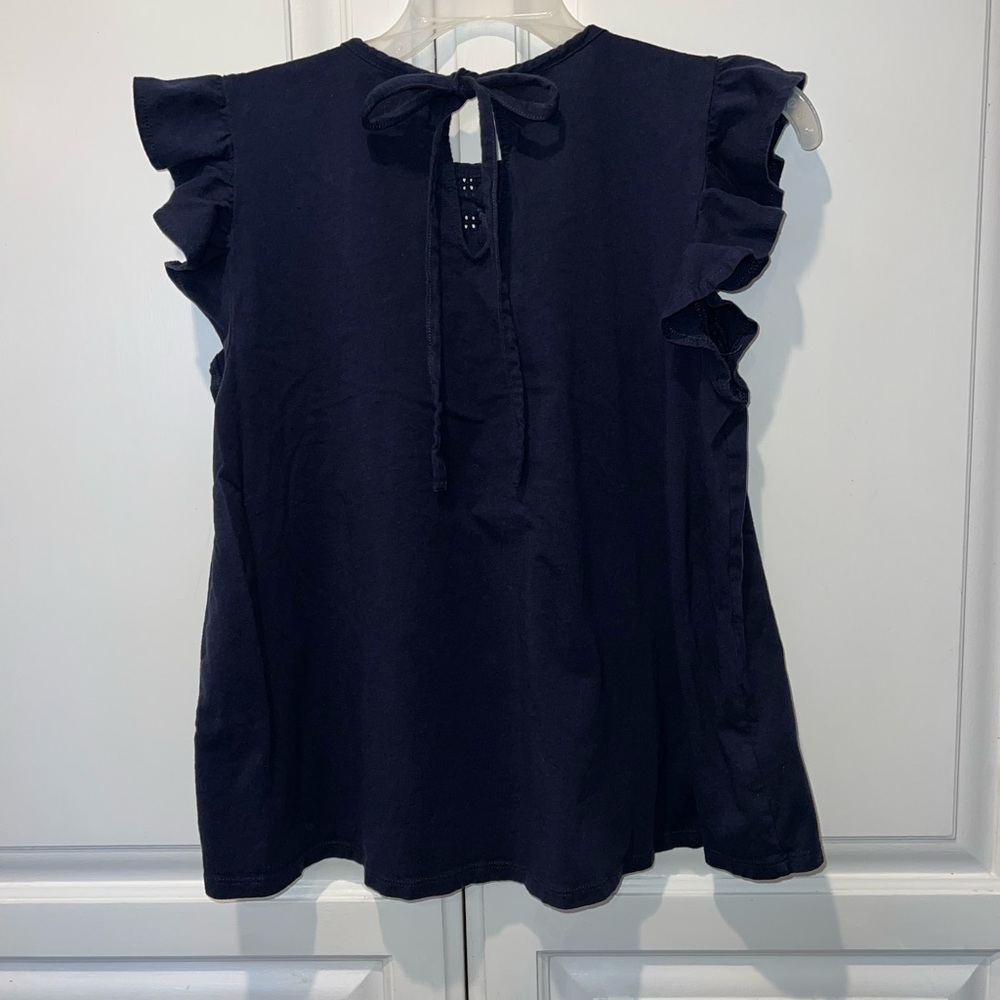 LOFT Navy Eyelet Cotton Flutter Sleeve Blouse Boho Cottagecore Top Medium - Picture 4 of 9